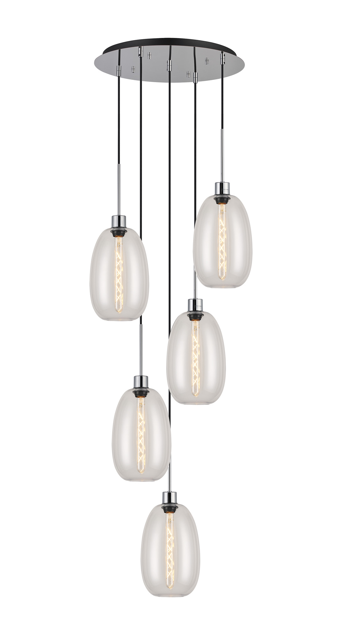DK1283  Lori 45cm Round Pendant, 5 Light Adjustable E27, Polished Chrome/Clear Slim Curved Trapezium Shades